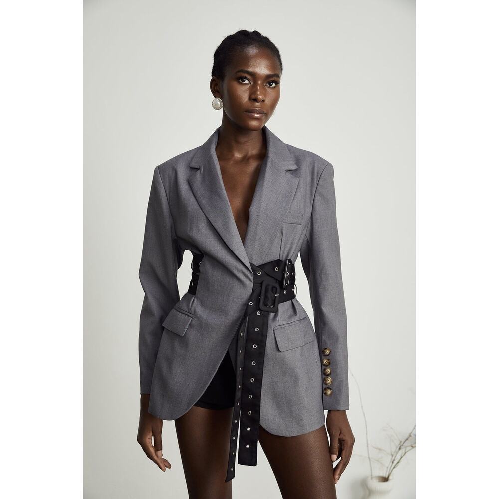 NWT Miss Rosier Gray Belted Blazer Jacket Structured Waist Statement Size M